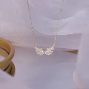 14k Plated Gold Exquisite simplicity Angel Wings Necklace Charm Short Design Clavicle Zircon Women Kolye Birthday Gift Pendant