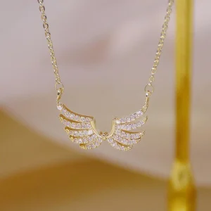 14k Plated Gold Exquisite simplicity Angel Wings Necklace Charm Short Design Clavicle Zircon Women Kolye Birthday Gift Pendant