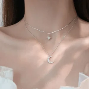 925 Silver Necklace for Women Double Layer Zircon Star Moon Pendant Necklace Delicate Chain Charm Elegant Fashion Jewelry Gifts