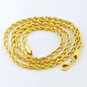 AGTEFFER Hip Hop 24K Gold Necklace 3MM Twisted Rope Twist Electroplating Gold Necklace for Men Women Wedding Jewelry Gifts