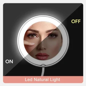  Flexible Makeup Mirror with LED Light 10X Magnifying Cosmetic Gooseneck with Suction Cup Diffused Light 360 Degree Swivel