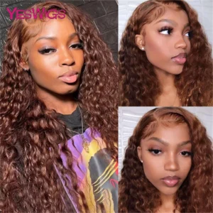 HD 13x4 Kinky Curly Chocolate Brown Lace Front Human Hair Wigs Pre Plucked Colored 13x6 Deep Wave Transparent Lace Frontal Wig