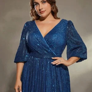 Mgiacy plus size V-neck bust pleated mid-long sleeve A-frame sequin long dress Evening gown PROM dress Party dress