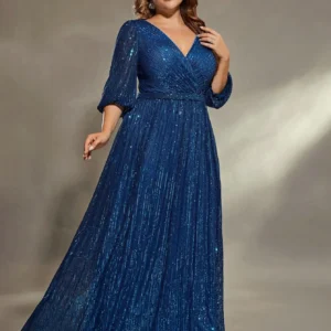 Mgiacy plus size V-neck bust pleated mid-long sleeve A-frame sequin long dress Evening gown PROM dress Party dress