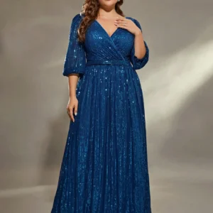 Mgiacy plus size V-neck bust pleated mid-long sleeve A-frame sequin long dress Evening gown PROM dress Party dress