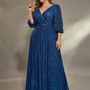 Mgiacy plus size V-neck bust pleated mid-long sleeve A-frame sequin long dress Evening gown PROM dress Party dress