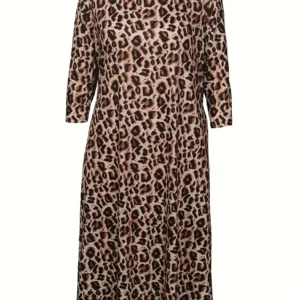 Plus Size Casual Dress, Women's Plus Leopard Print Short Sleeve Round Neck Dress With Pockets