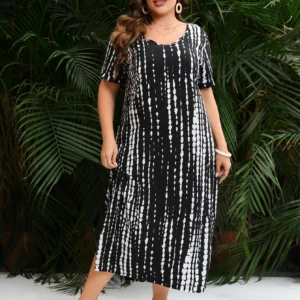 Plus Size Dress for Woman 2024 Summer V Neck Short Sleeve White Black Striped Print Casual Dress Loose Oversized Maxi Long Dress