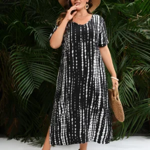 Plus Size Dress for Woman 2024 Summer V Neck Short Sleeve White Black Striped Print Casual Dress Loose Oversized Maxi Long Dress