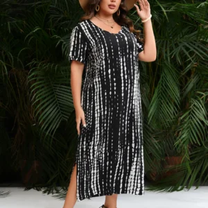 Plus Size Dress for Woman 2024 Summer V Neck Short Sleeve White Black Striped Print Casual Dress Loose Oversized Maxi Long Dress